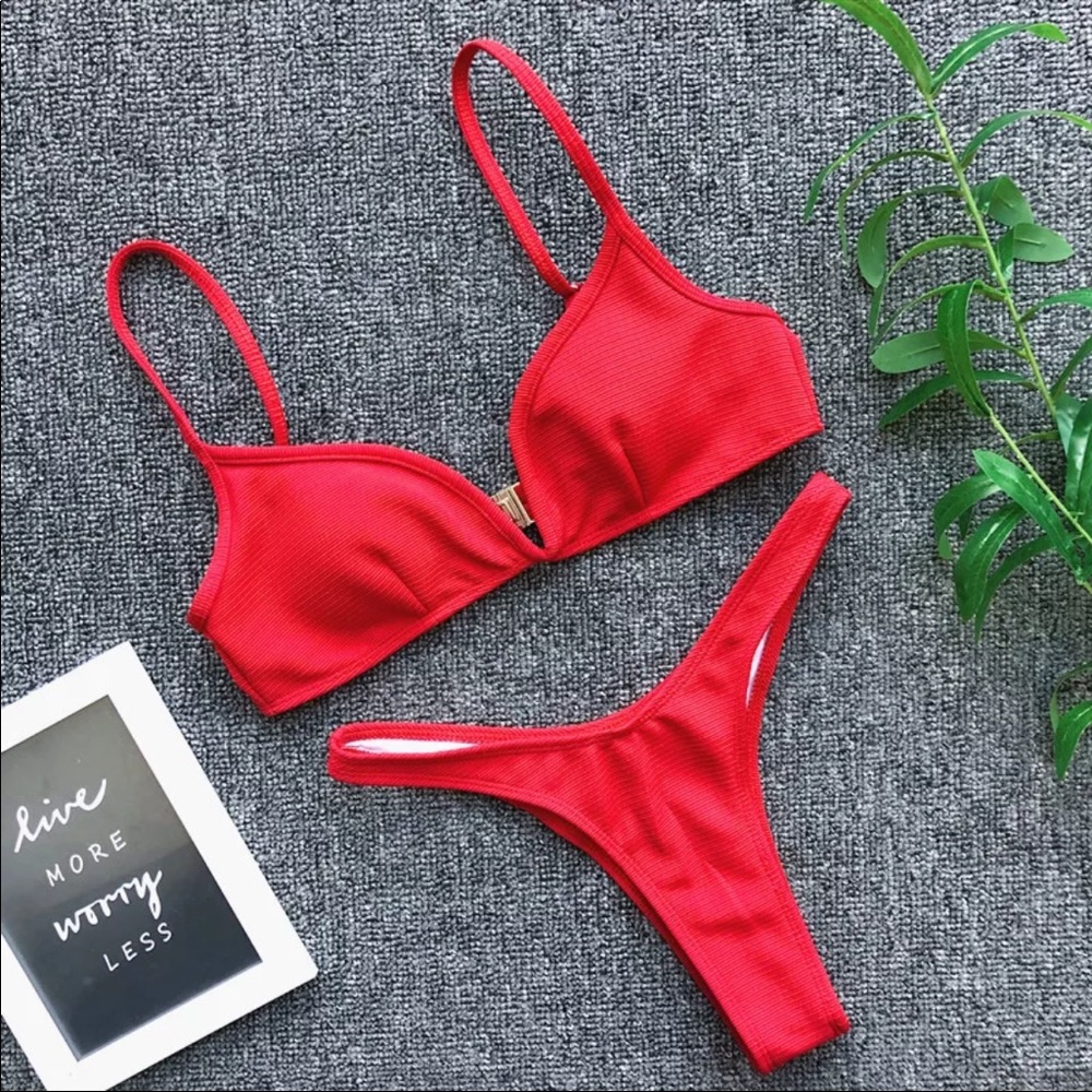 (Last 1)👙V-wire padded ribbed hi cut bikini 2 piece set swimsuit - BLACK - Picture 3 of 5